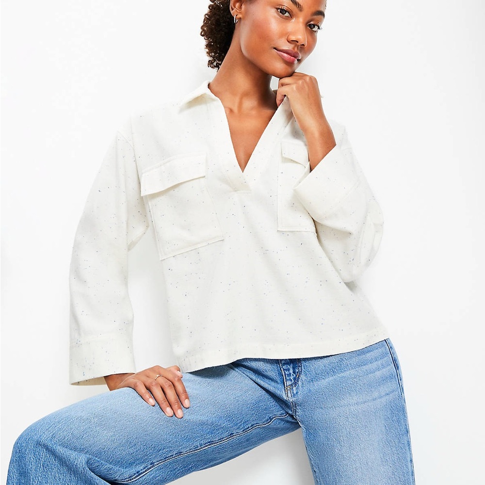 LOFT Soft Brushed Twill Flecked V-Neck Pocket Popover. Size Med